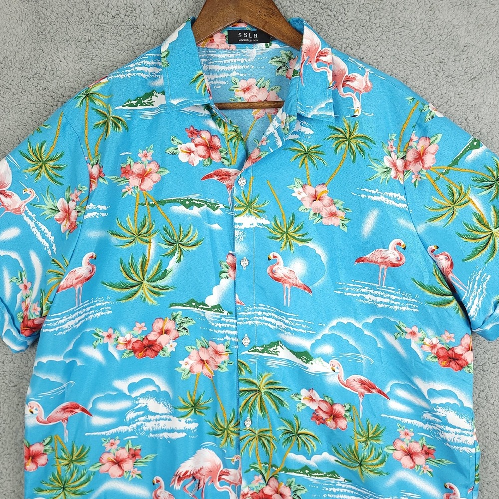 SSLR Shirt Mens XL Blue Pink Flamingos and Palms Short Sleeve Casual‎ Hawaiian